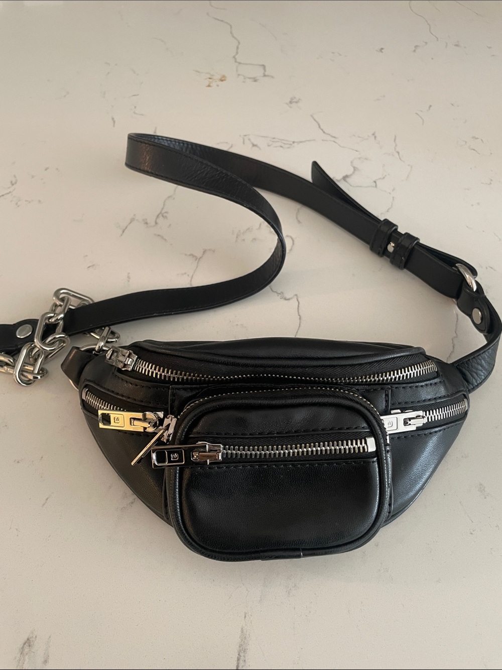 Black Leather Chain Accent Belt Bag